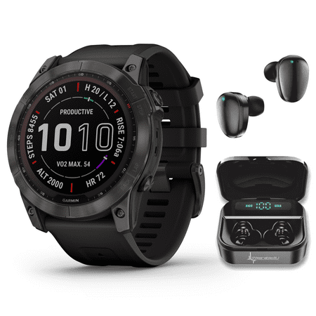 Garmin Fenix 7X Sapphire Solar Multisport GPS Touchscreen Smartwatch, Carbon Gray DLC Titanium with Black Band with Wearable4U Black EarBuds Bundle
