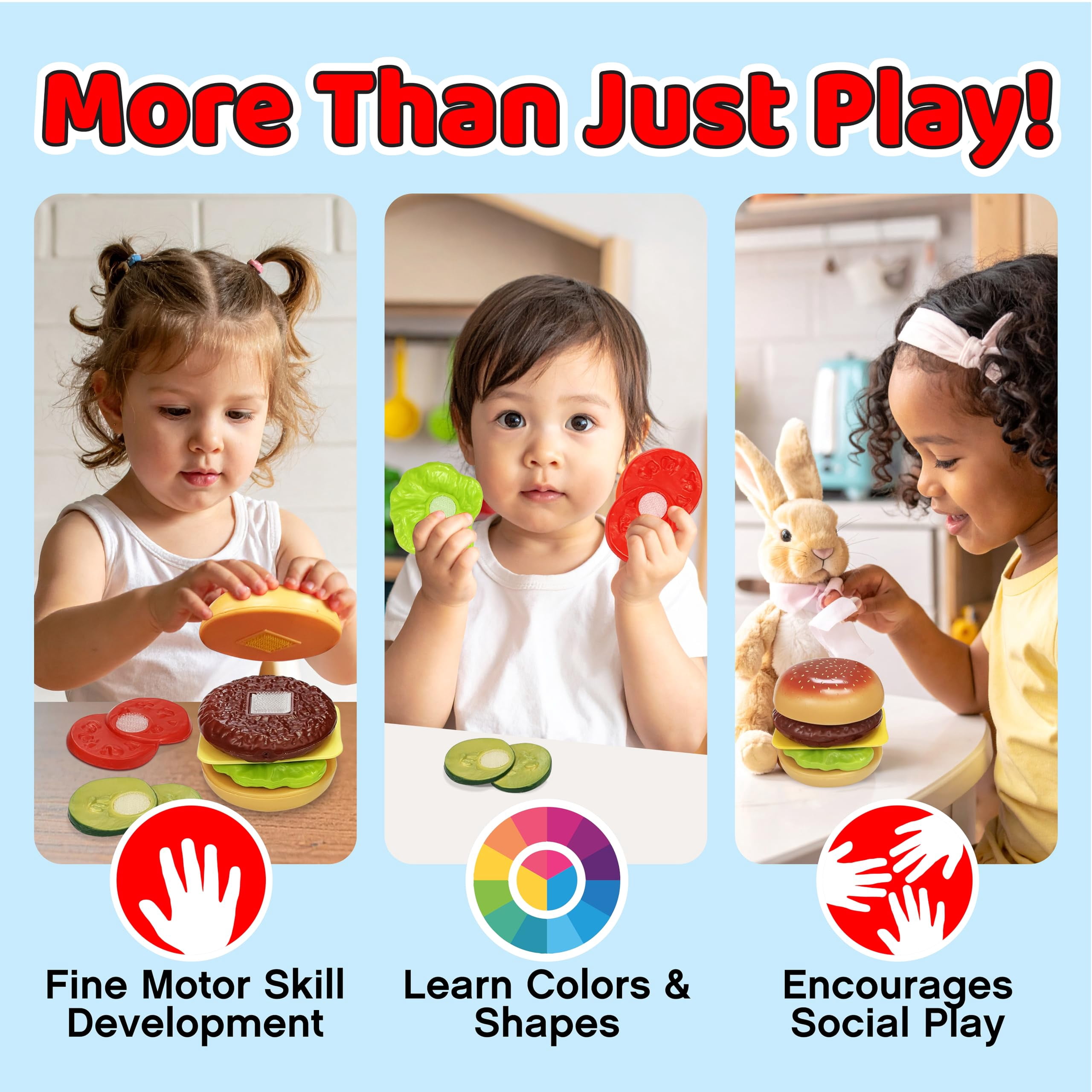 Small World Toys Build-A-Burger Pretend Play Food Set for Kids Ages 3+ Kitchen accessories, Mix and match pieces, Creative role play, Fine motor skills, Imaginative learning, Great birthday gift