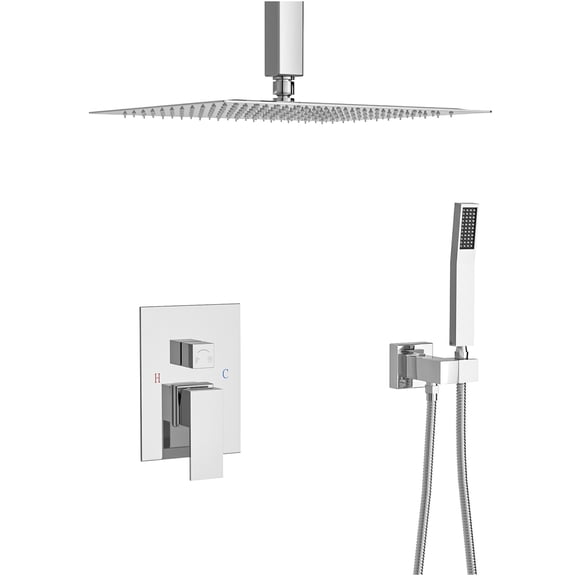 JERFIT 16" Ceiling Mount Dual Shower System with Rough-in Valve, Rainfall Square Shower Head & Handheld Spray, Chrome