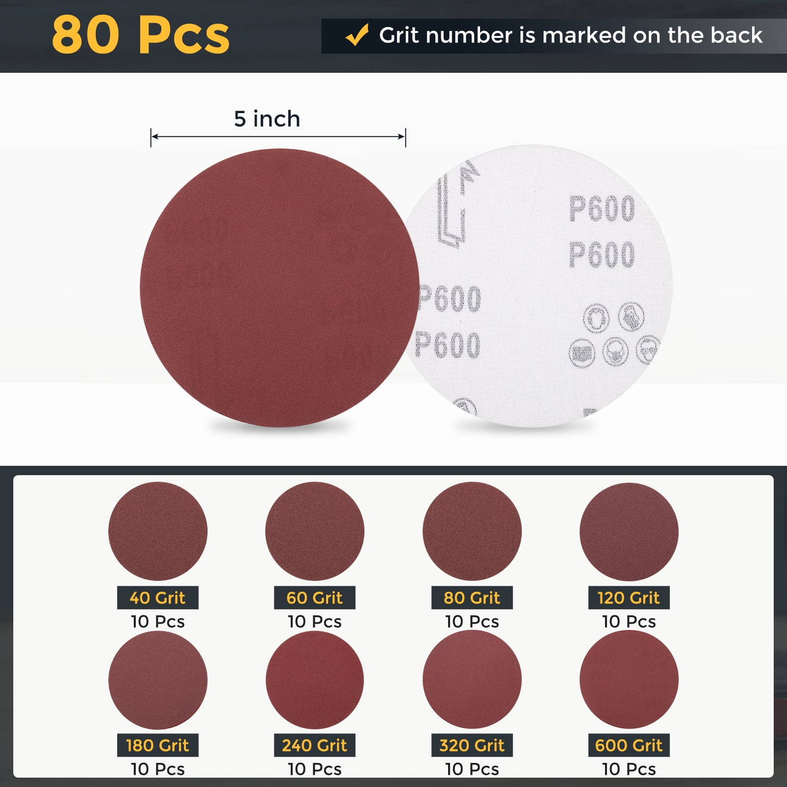 80 Pcs 5 Inch Sanding Disc 40/60/80/120/180/240/320/600 Grit Hook and Loop Sandpaper Random Orbital Sander Pads for Woodworking Automotive