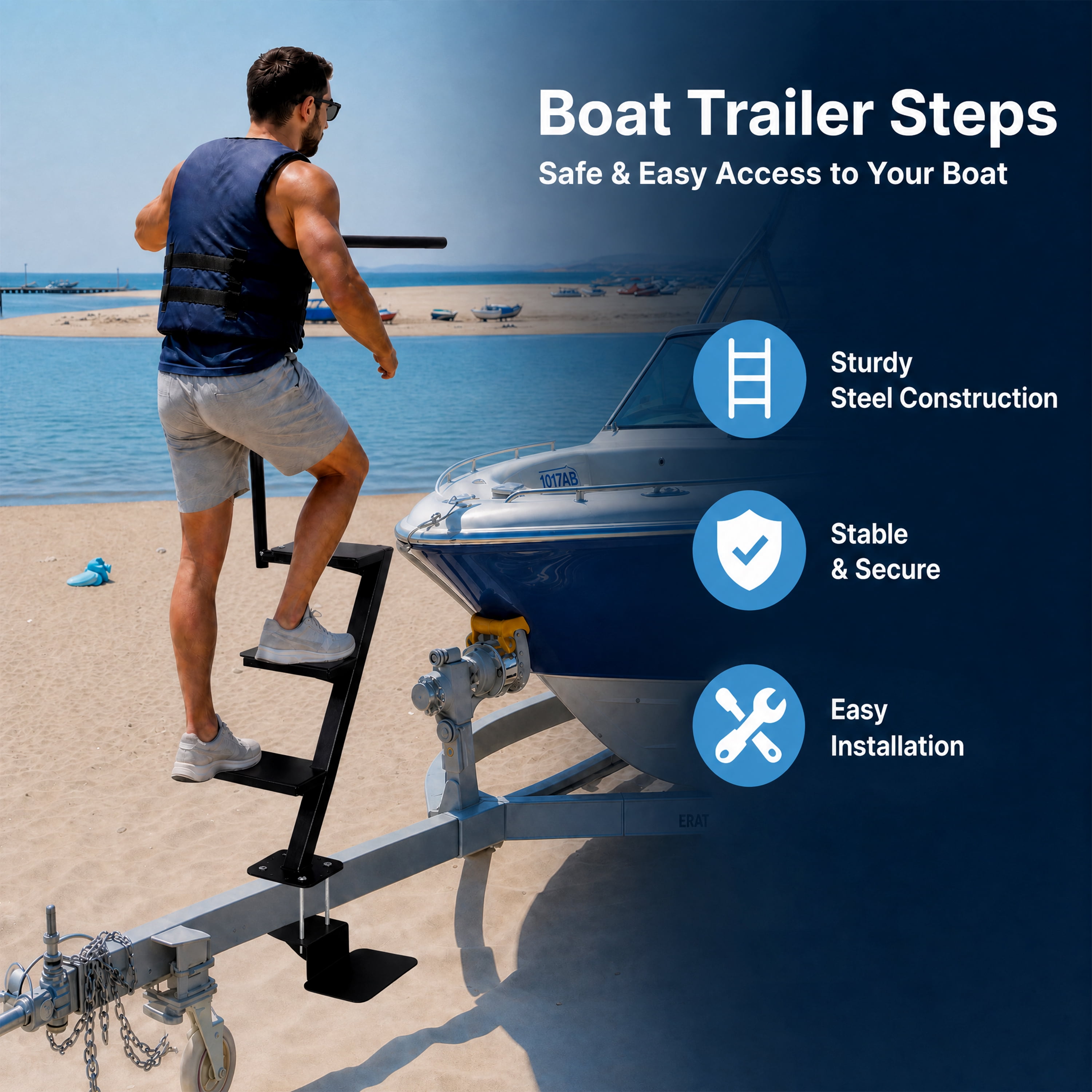 Heavy Duty 4 Step Boat Trailer Steps with Secure Handle, Tread Steel Trailer Tongue Ladder Universal Fit for Most Boat Trailers