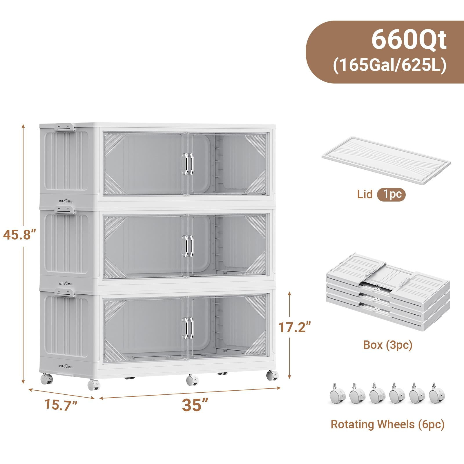 Broview 175Gal Plastic Stackable Storage Bins with Lid, 700QT Extra Large Containers With Drawers, Folding Closets with 6x Wheels, Collapsible Cabinets Organizers for Home Office, 3Pack White, V60