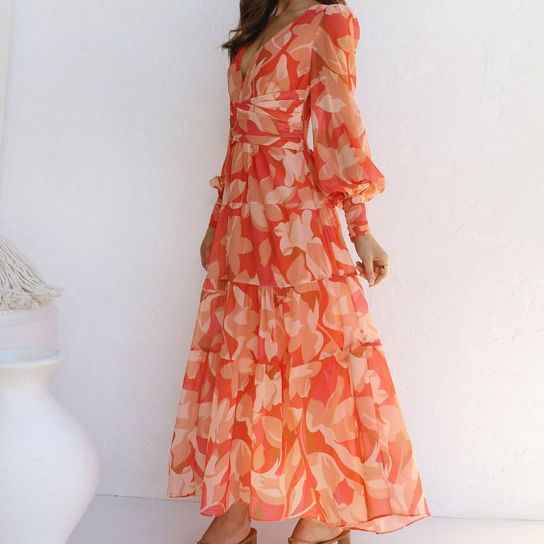 Rciityk Orange Maxi Dresses for Women Casual Floral Deep V Neck Long Sleeve  Spring Fall Boho Dresses Wedding Guest Holiday Beach Long Dress -  Walmart.com