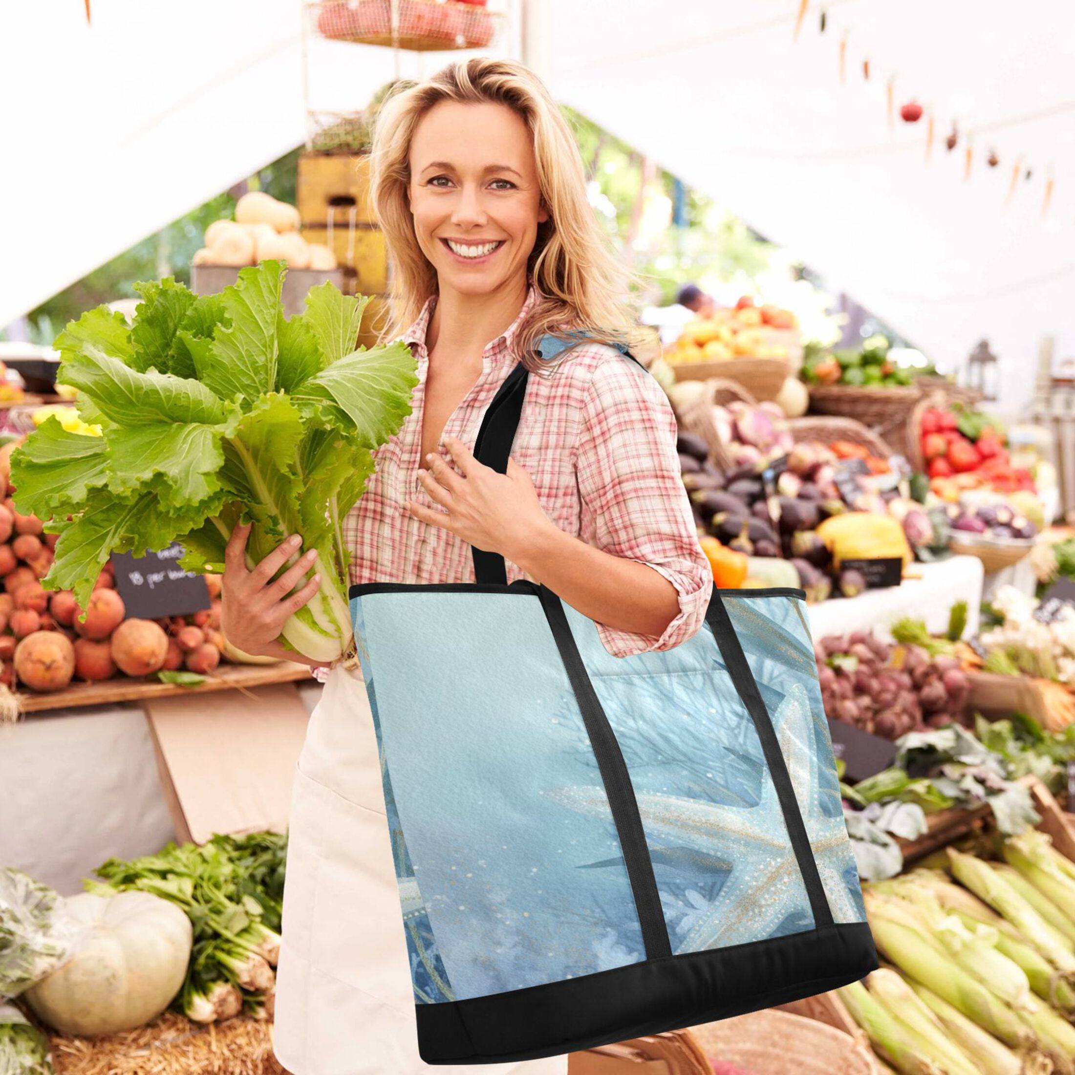Large Hand-held Ice Pack Picnic Bag Insulation and Refrigeration Suitable for Shopping Picnics and Camping Blue Starfish Pattern
