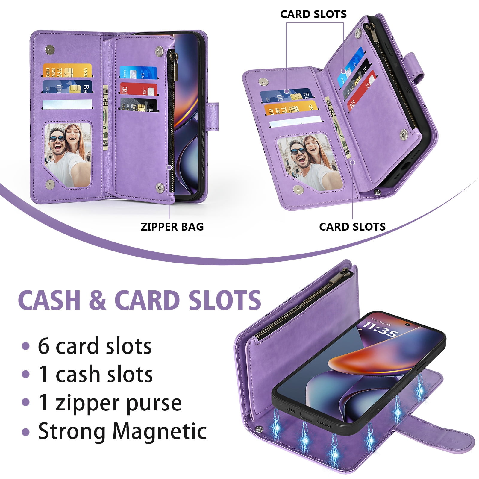 Asuwish Phone Case for Motorola Moto G 5G 2025 Zipper Wallet Magnetic Detachable Cell Cover with Tempered Glass Screen Protector Crossbody Strap Flower Card Holder Slot G5G 5 G G5 Women Girls Purple