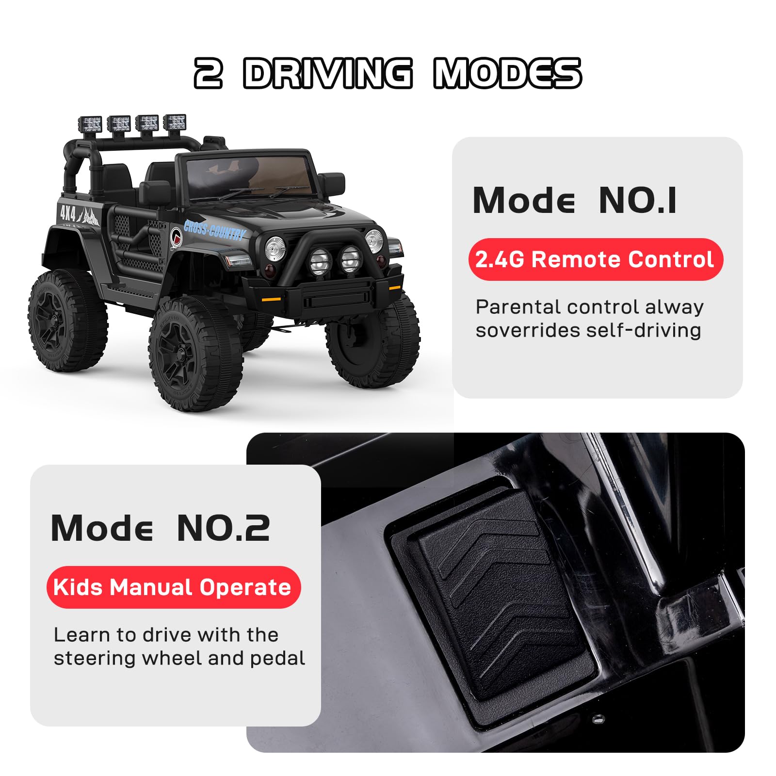 Garvee Ride On Car Truck, 12V Battery Electric Kids Toy with Remote Control, LED Lights and Realistic Horns, Black