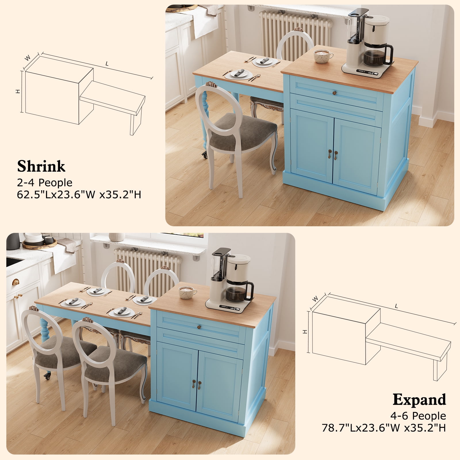 CBJCBJ Modern Extendable Kitchen Islands on Wheels with Power Outlet, Dining Table Cart with 2 Doors Storage, Blue