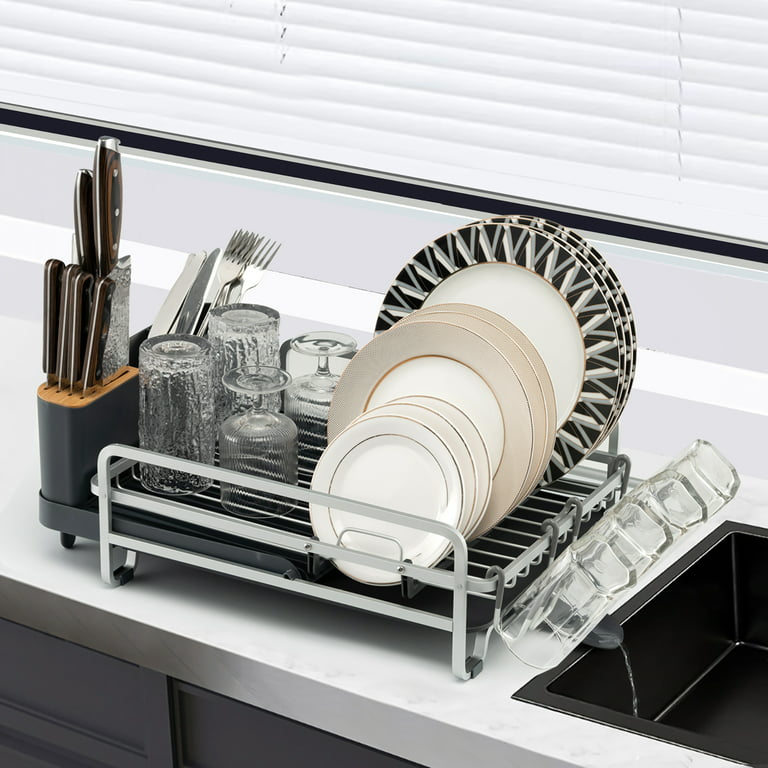 Aluminum Dish Rack with Expandable Over Sink Plate Rack, Drip Tray