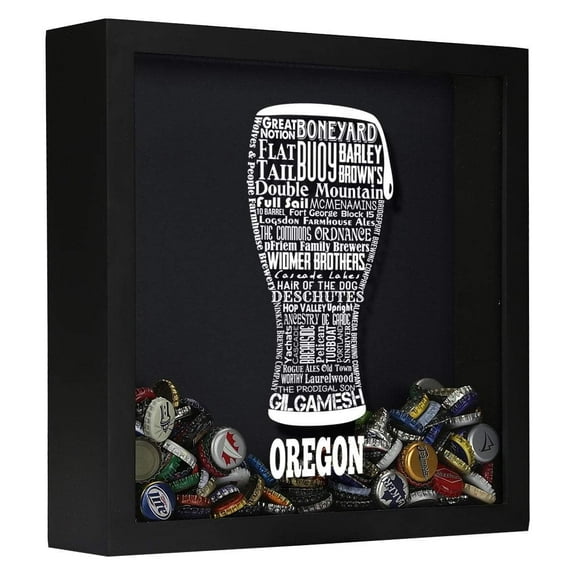 Torched Oregon Drink Beer Cap Shadow Box 14"x14"x5" | Wall Mount Decor | Black