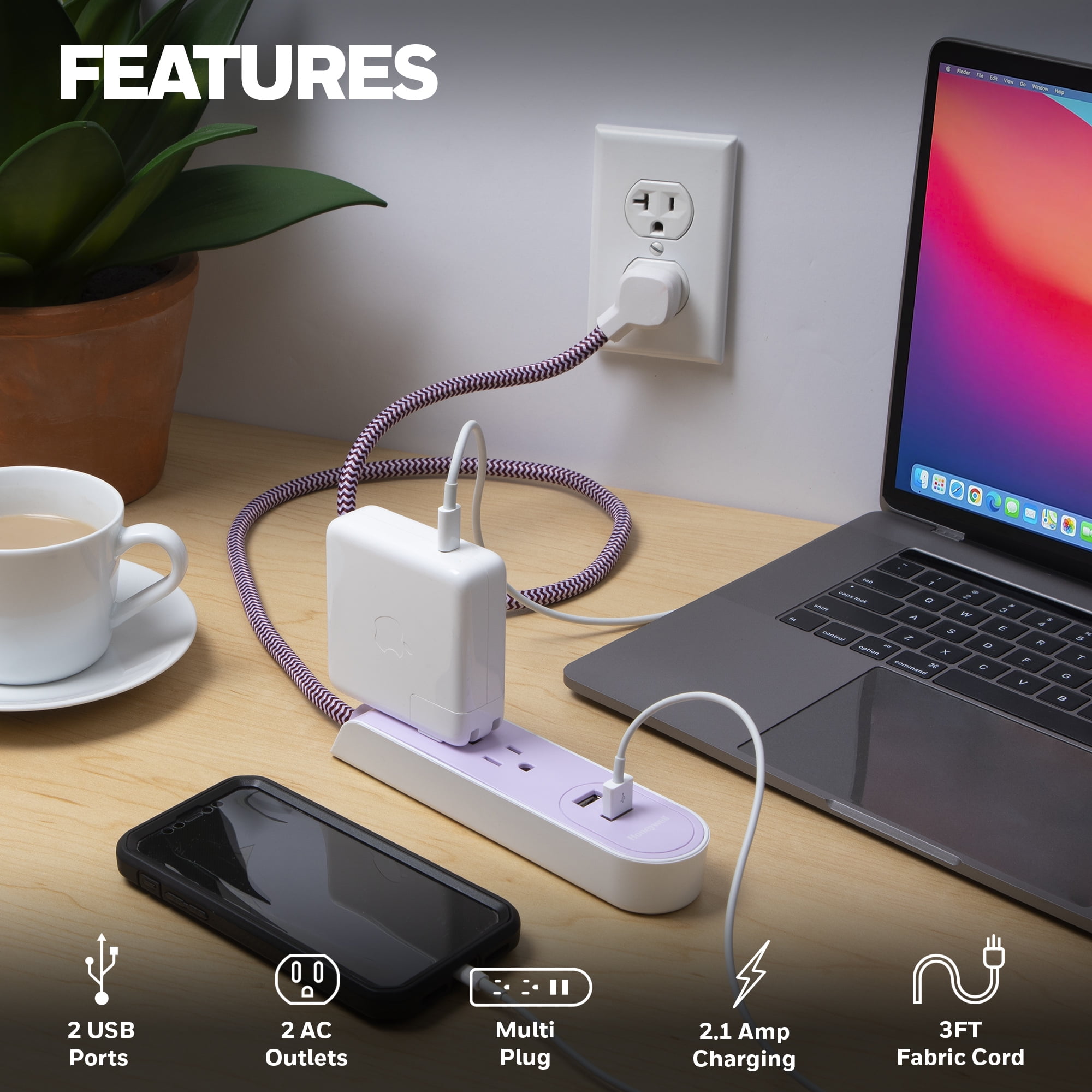 (3 pack) Honeywell Powerstrip with 2 AC Outlets, 2 USB Ports, 3 ft. Fabric Cord (Lavendar/White)