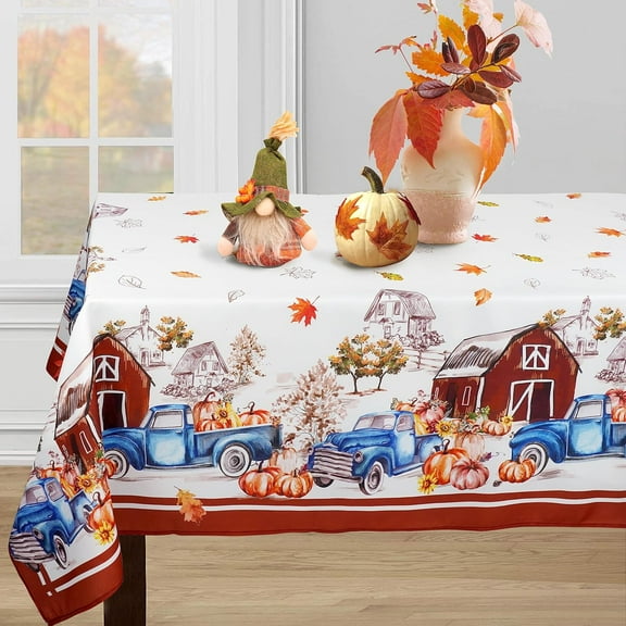 Fall Thanksgiving Double Border Decoration Tablecloth, Leave & Pumpkin Harvest Tablecloths, Waterproof Table Cover for Dinner Kitchen Party Holiday Decorations, 60"x 84" Oblong/Rectangle