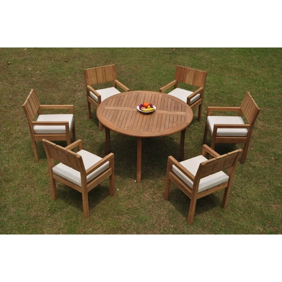 Grade-A Teak Dining Set: 6 Seater 7 Pc: 52" Round Table And 6 Veranda Arm Chairs Outdoor Patio WholesaleTeak #WMVRf