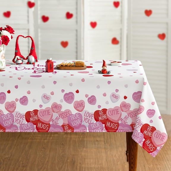Valentine Tablecloth 60×84 Inch Rectangular, Pink Hearts Candy Washable Table Cover for Party Picnic Dinner Decor
