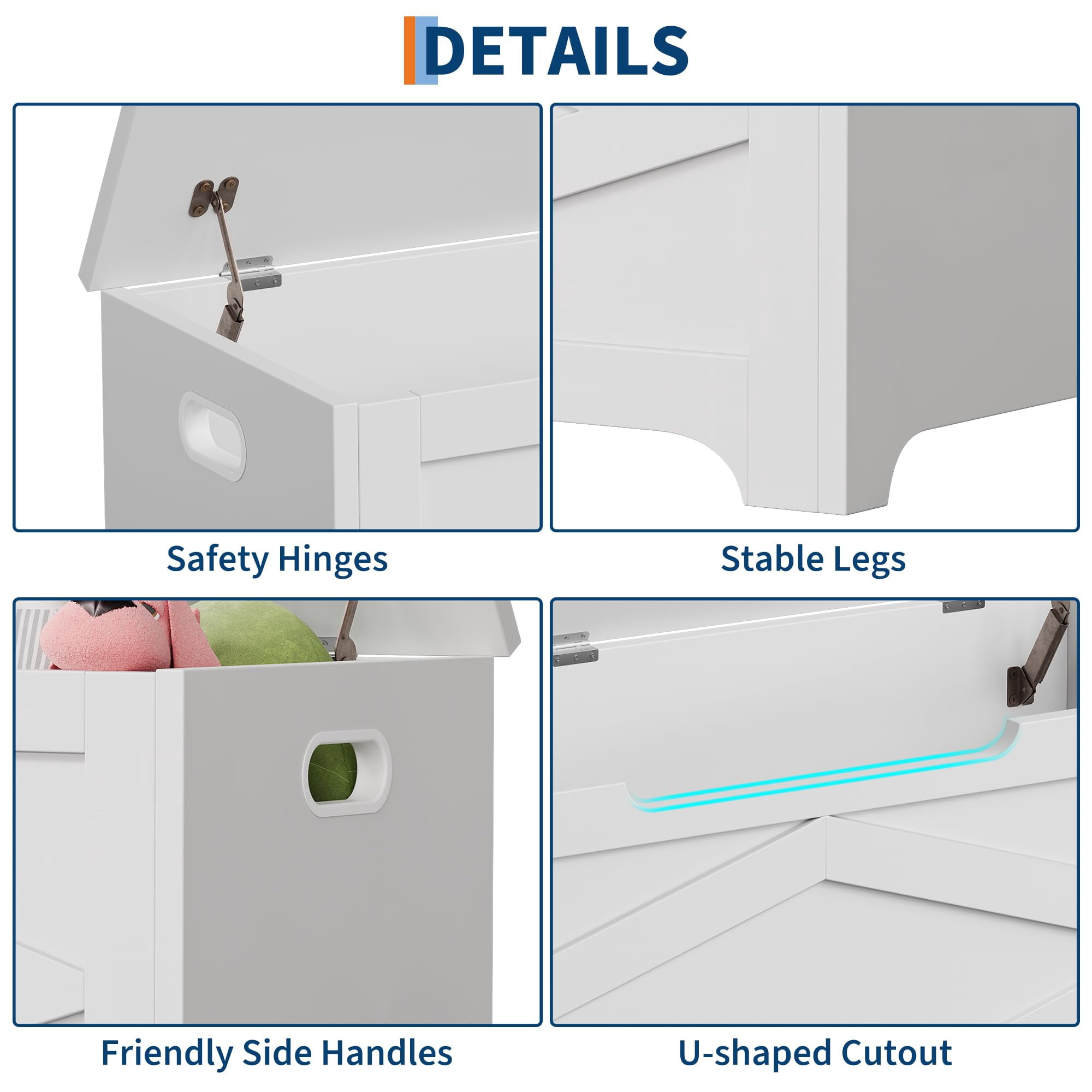 KOKEBREN 39.4"L Storage Chest, Wooden Toy Storage Bench, Modern Style Lift-Top Toy Chest with Safety Hinge for Entryway, Bedroom, Living Room,White