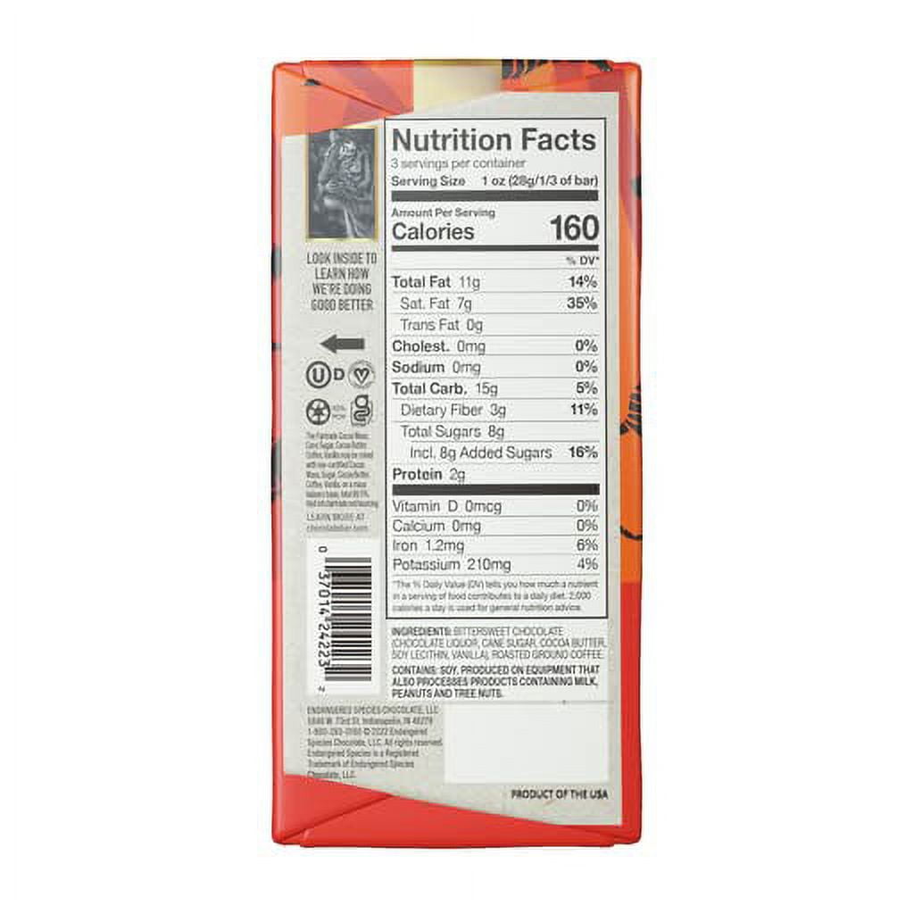 Endangered Species Chocolate Tiger Bar; Dark Chocolate with Expresso Beans, 3 Ounce - 12 per case.