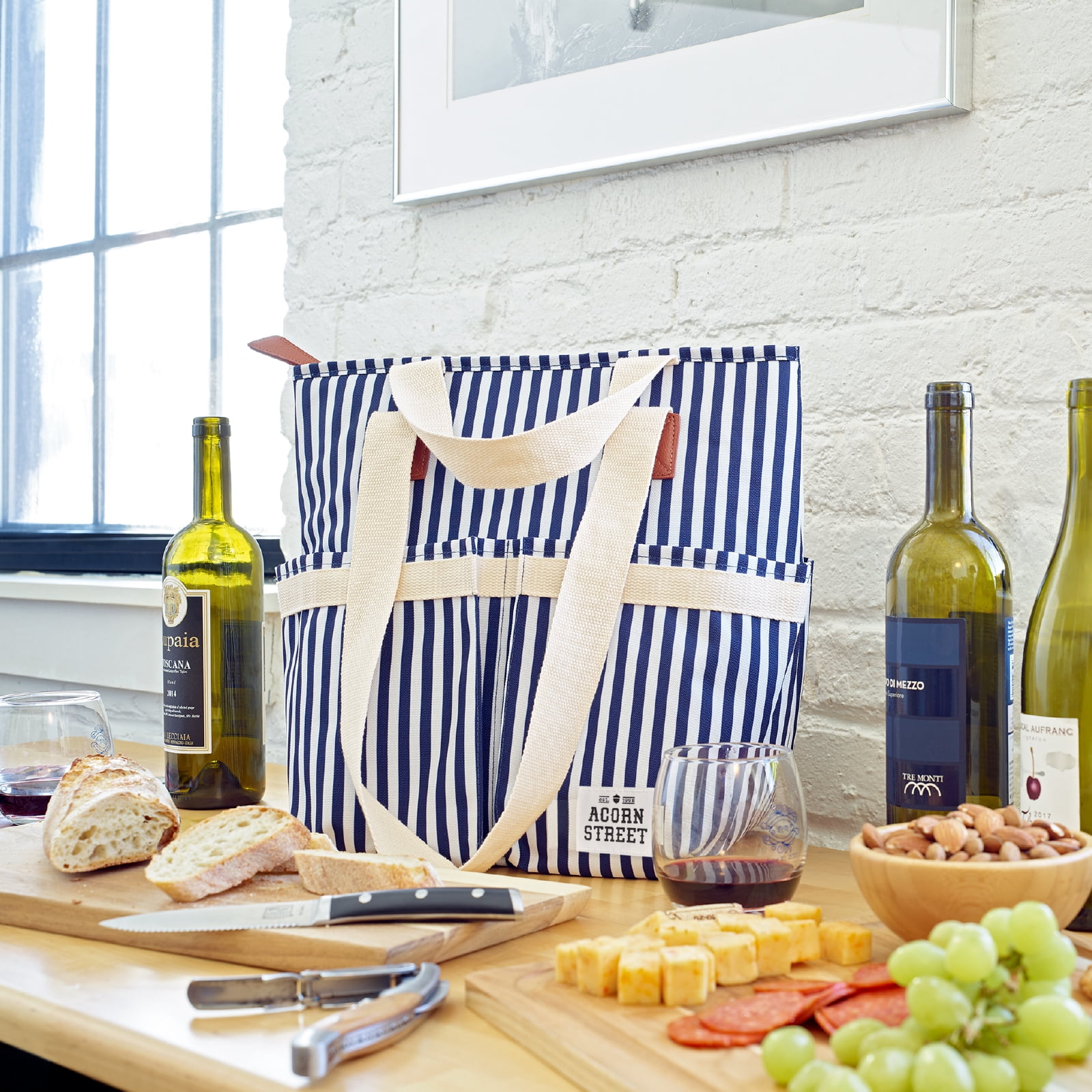 Acorn Street Insulated Cooler Tote Bag with Removable Divider, Navy Vineyard Stripe