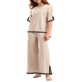 thumbnail image 4 of Womens Tricot 2 Pièces Pull Ensembles Manches Courtes Tops Taille Élastique Large Pantalons Lounge Set, 4 of 7