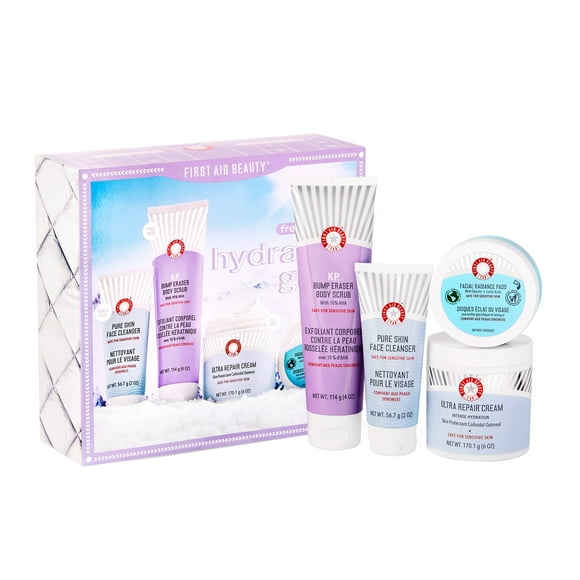 First Aid Beauty - Hydrated Glow Kit: KP Bump Eraser Body Scrub, 4 oz, Facial Radiance Pads, 28 Pads, Pure Skin Face Cleanser, 2 oz, & Ultra Repair C
