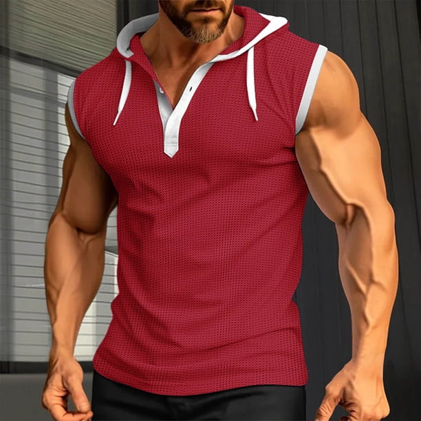 pstuiky Camisetas sin mangas, Blusa sin mangas con capucha y cuello redondo para hombre, con botones y parches de fitness de color Tops elegantes para mujer m