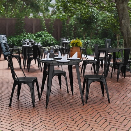 BizChair Commercial Grade Indoor/Outdoor Dining Table  30  Round All Weather Black Poly Resin Top with Black Steel Base
