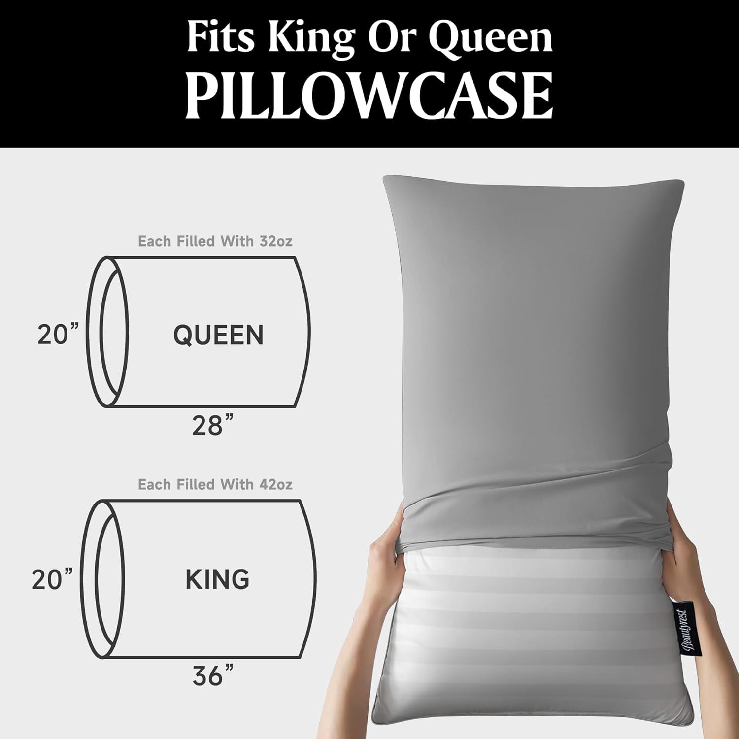 Beautyrest Luxury Goose Feathers Soft Pillows, 500 Thread Count Cover 20”x28”, Queen (Pack of 2)