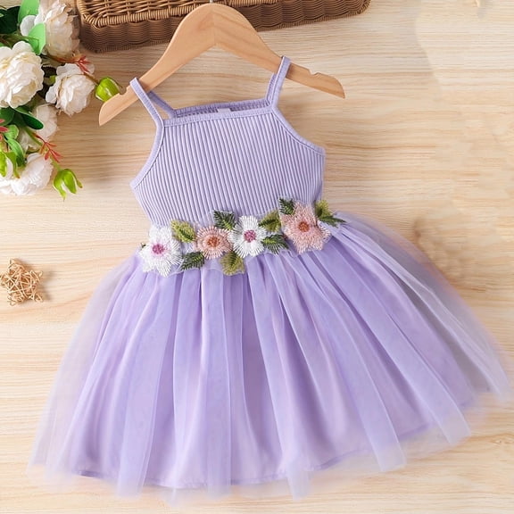 DAETIROS Kids Girls Sleeveless Tulle Dress with Floral Waist, Lavender Princess Party Dress for Easter & Flower Girl,Size 2 T