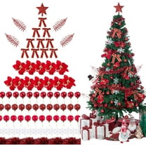Bibana 94 PCS Christmas Tree Ornaments Set with Glitter Poinsettia, Bows, Ribbons, Leaves & Assorted Decoration Ball for Xmas Tree Holiday Wedding Party Decorations (Red)