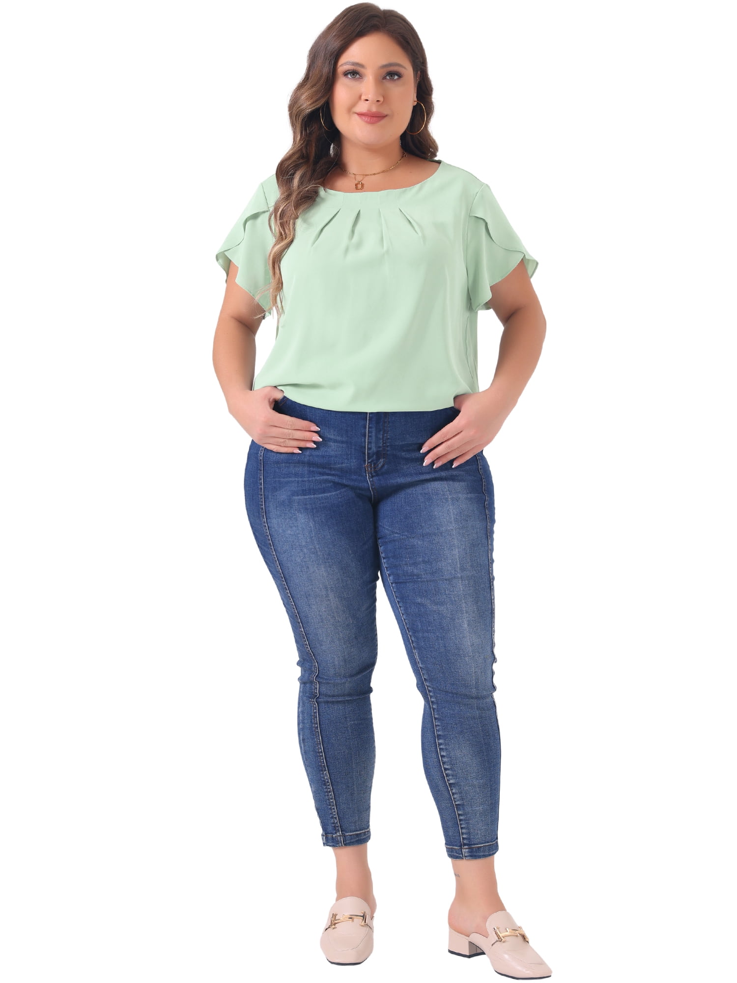 DARING DIVA Women's Plus Size Round Neck Pleated Tulip Sleeve Shirt Blouse 1X Light Green