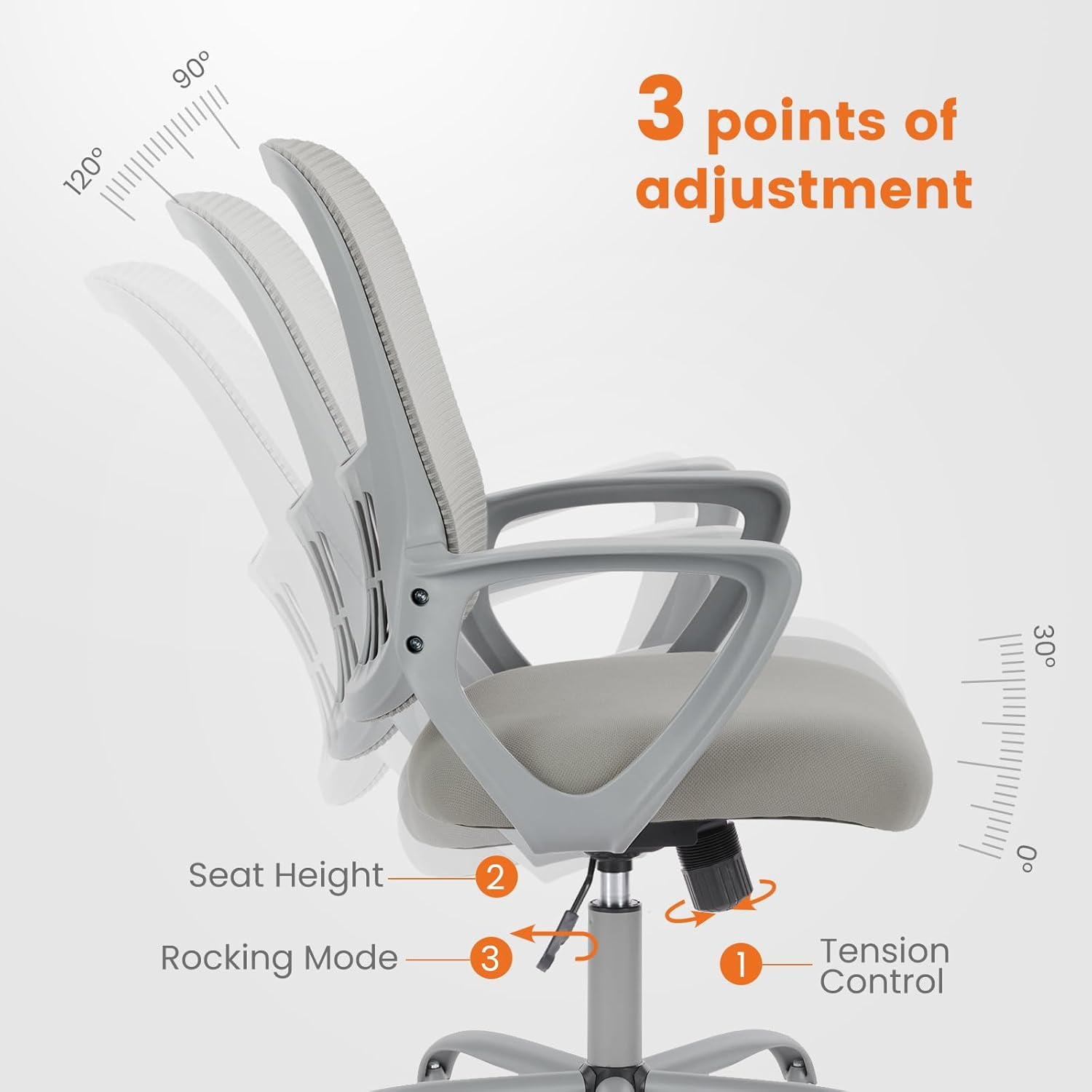 Atilioo Ergonomic Office Chair, Comfy Desk Chair with Adjustable Height & Lumbar Support, Mesh Swivel Rolling Computer Chair with Armrests for Adults, Gray