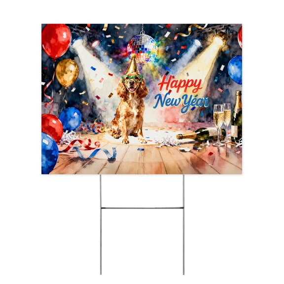 Happy New Year Cocker Spaniel Chills on Year-End Party Yard Sign Cockers Dog Lover Gifts Outdoor Home Lawn Garden Porch Decor - 12023