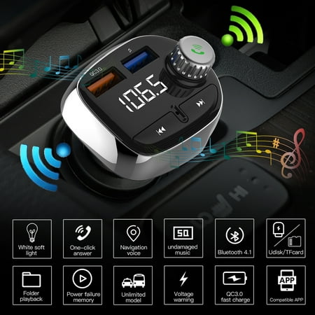 - Bluetooth FM Transmitter for Car, TSV Wireless in-Car Radio Transmitter Adapter Car Kit with Quick Charger 3.0 USB Car Charger, Car MP3 Music Player