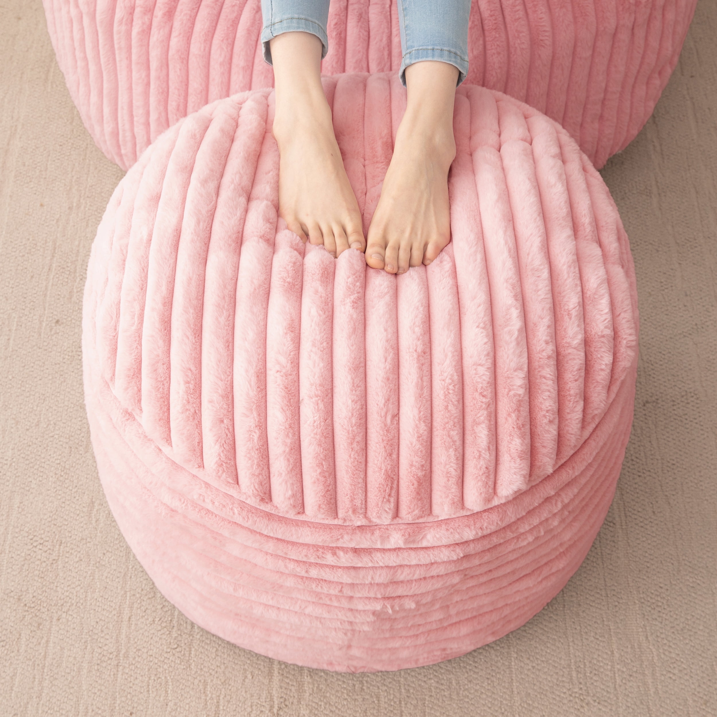 BYBYME Round Plush Striped Ottoman, Pink photo 1