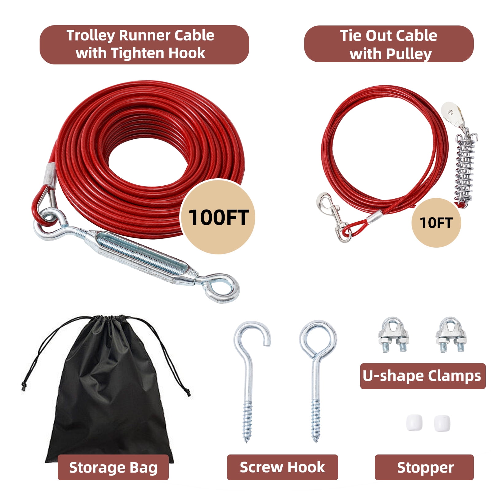 Dog Tie Out Runner for Yard, Dog Trolley System 100FT Dog Lead with 10FT Dog Runner Line, Dog Zipline Heavy Duty Dog Run Cable for Large Dogs 125lbs, Red