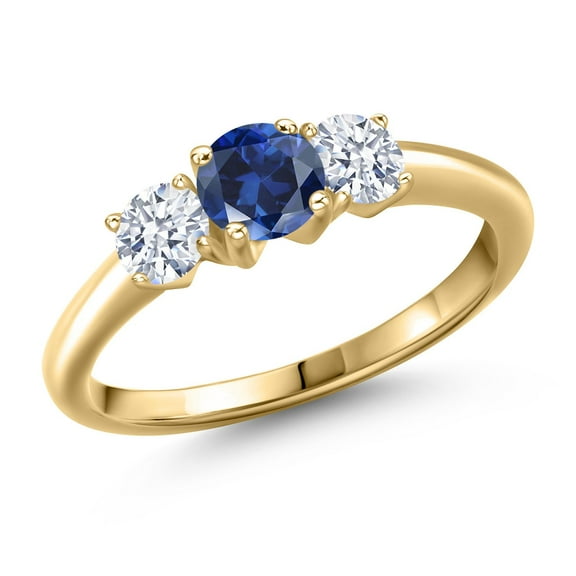 Gem Stone King 10K Yellow Gold Blue Created Sapphire and White Zirconia Engagement Ring for Women | 1.10 Cttw | Round 5MM | Gemstone September Birthstone | Size 9