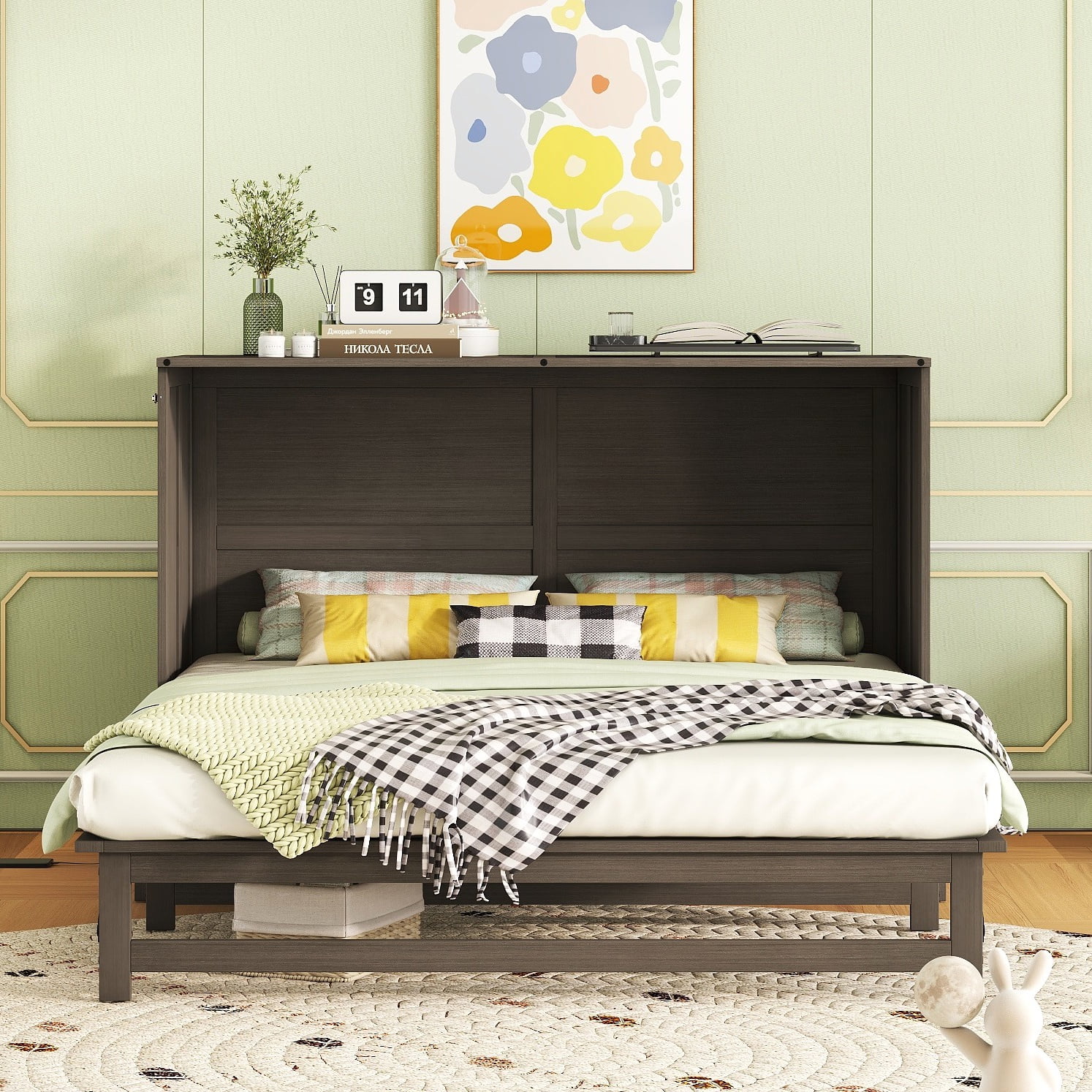 Bellemave Queen Size Murphy Bed with Charging Station, Wooden Murphy Cabinet Bed with Storage Drawer, Foldable Queen Size Platform Bed Frame for Guest Room Home Office (Antique Gray)