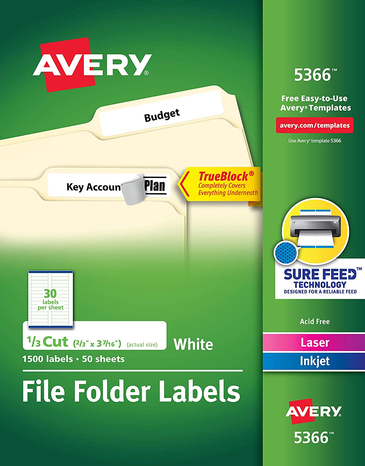 Avery File Folder Labels for Laser and Ink Jet Printers with TrueBlock Technology, 3.4375 x .66 inches, White, Box of 1500 (5366)