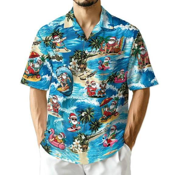 Netecom Funny Santa Claus Surfing Dolphin Hawaiian Shirt for Men, Tropical Style, Button Down Summer Beach Short Sleeve, S-5XL