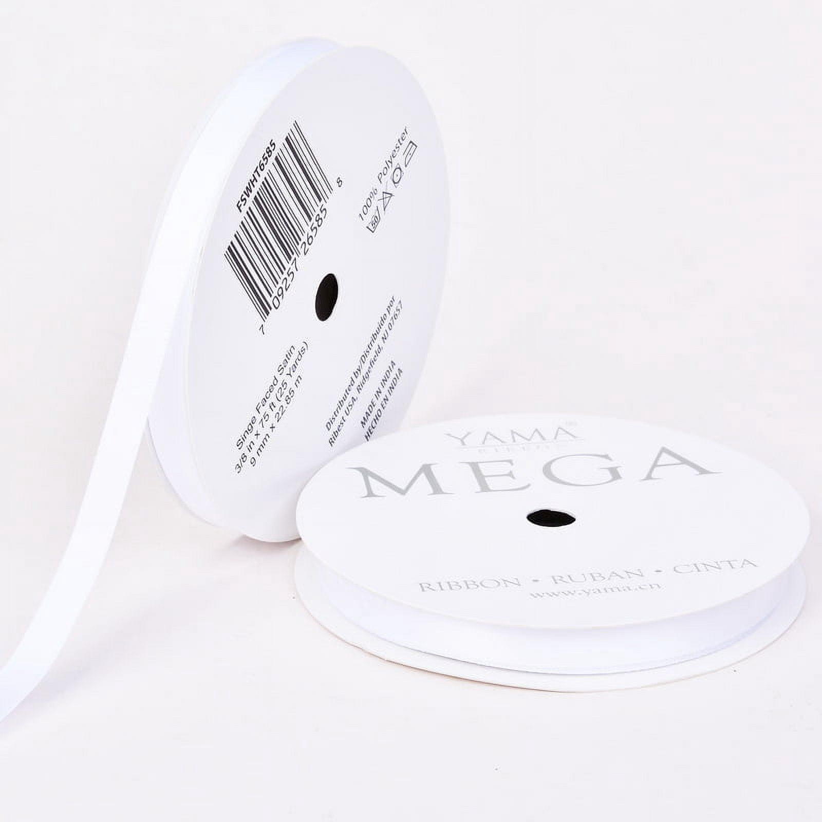 Yama Ribbon, Mega Single Face Satin Ribbon White 0.375inch x 75 feet