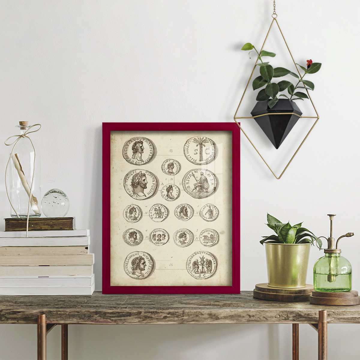 Antique Roman Coins IV -Framed Print w/glass-Cherry Red