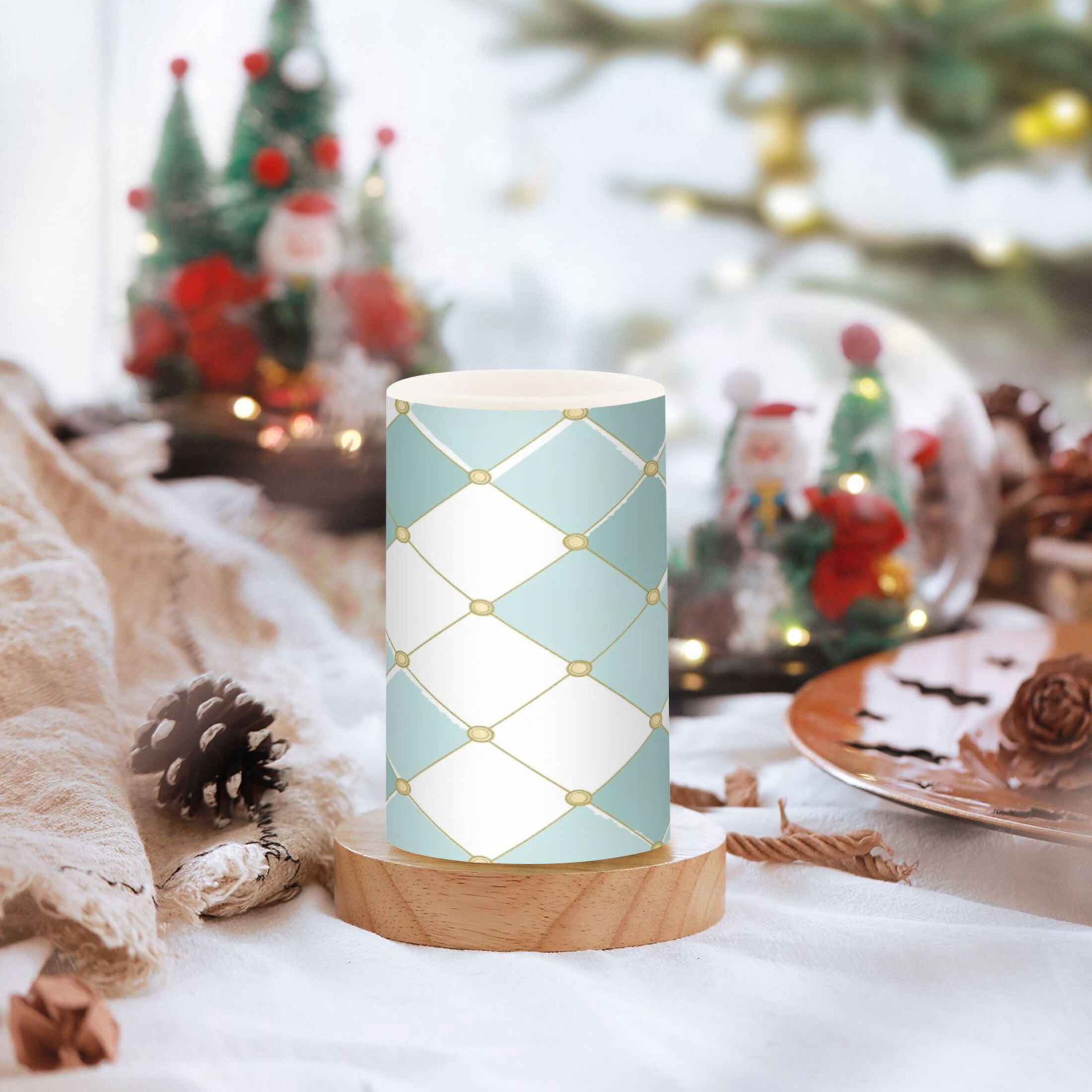 2 PCS Flameless Candles with Remote Timer LED Battery Operated Flickering Candle Light for Wedding Table Home Decoration Gifts Pastel Teal Diamond Plaid