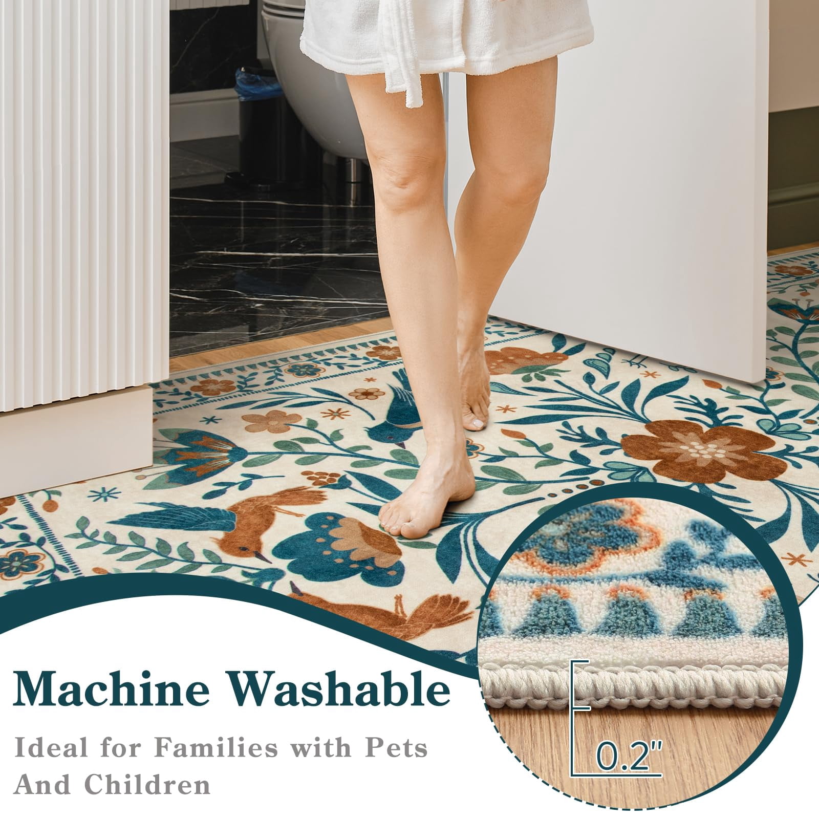 Lahome Decor 5'x7' Boho Bird Area Rugs,Floral Rug for Living Room Machine Washable,Soft Indoor Carpet,Non-Slip Low Pile for Bedroom Dining Room Playroom Office,Beige