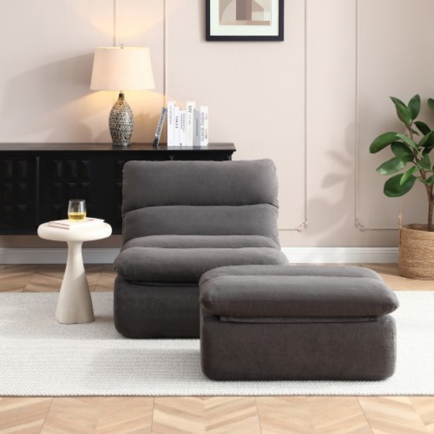 32" Bean Bag Chair with Ottoman, Tufted Upholstered Chaise Lounge Chair for Adults, High Density Foam Lazy Sofa with Footrest for Living Room, Bedroom, Gaming Room & Dorm, Grey