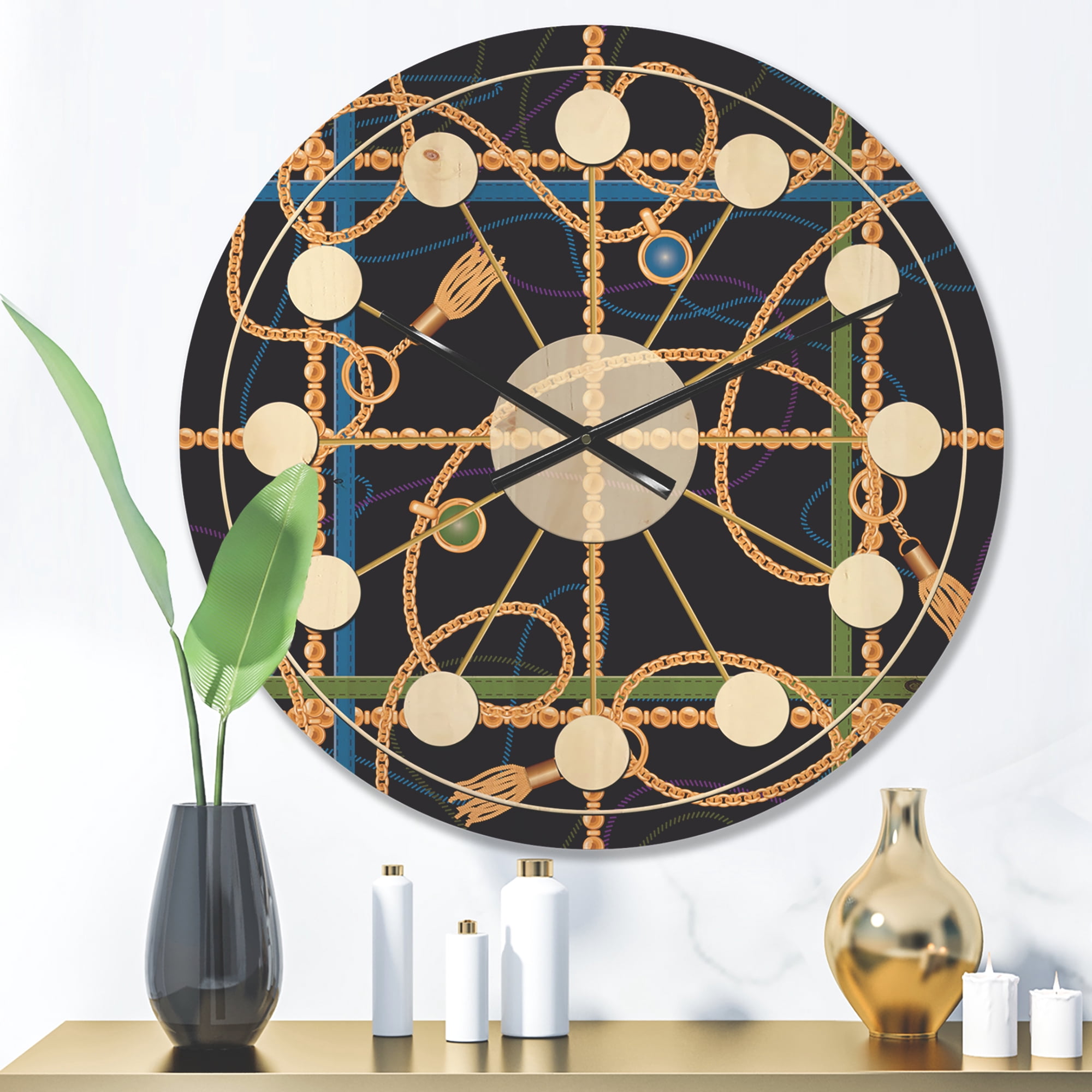 Designart 'Trendy Gold Chain Retro Pattern' Mid-Century Modern Wood Wall Clock