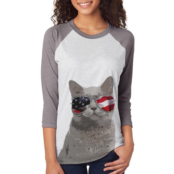 4th of July Meowica Cat American Flag Unisex Raglan T Shirt Premium Heather-Heather White 2XL