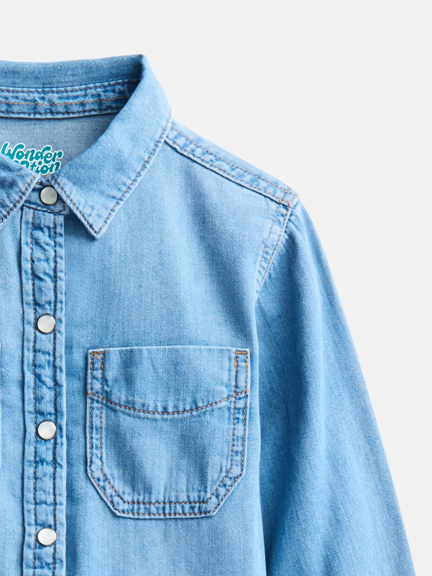 Wonder Nation Girls Denim Shirt with Long Sleeves, Sizes 4-18 & Plus