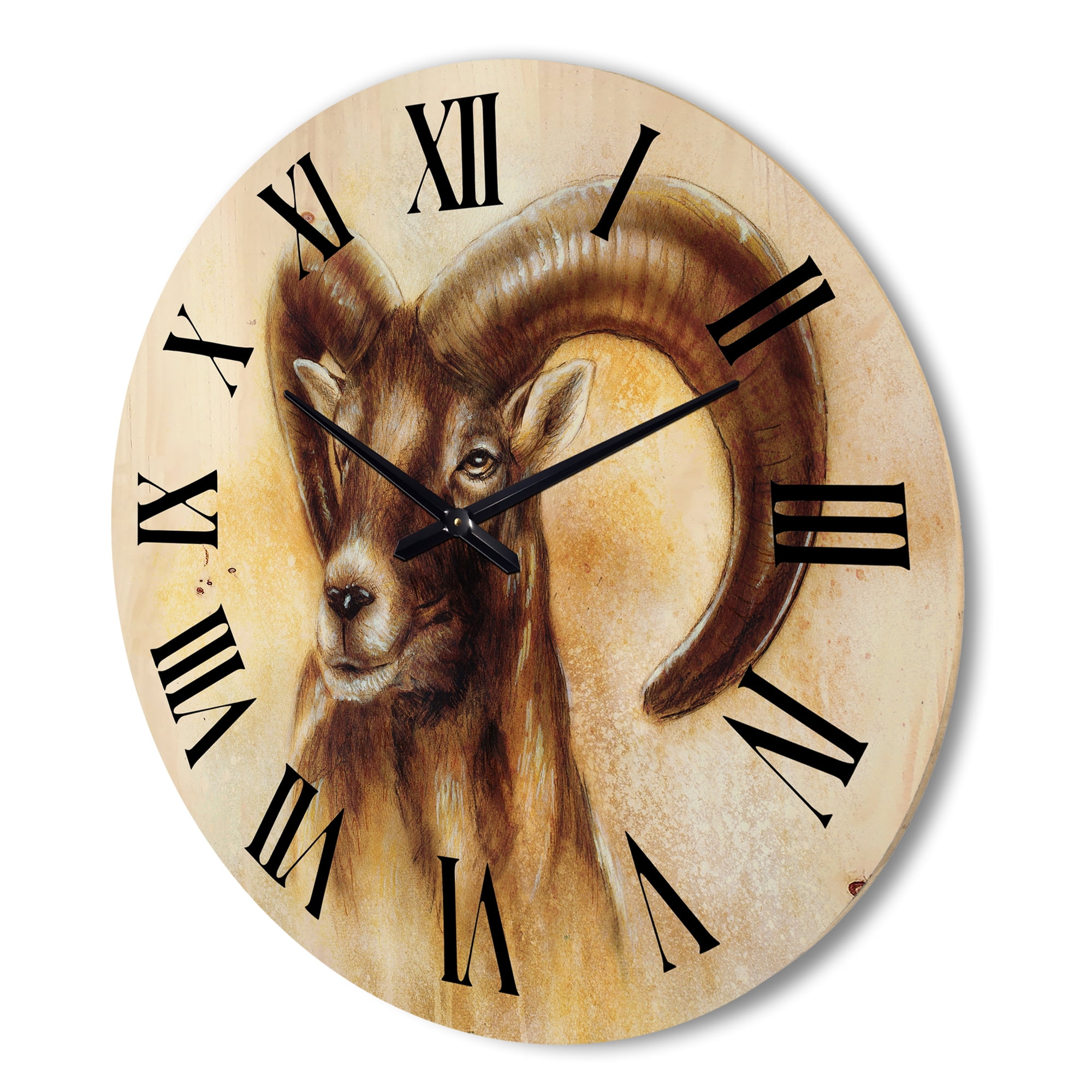 Designart 'Abstract Portrait of Wild Ram With Mighty Horns I' Modern Wood Wall Clock