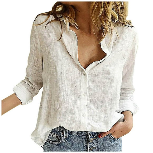 Kcodviy Women's Loose Linen Button Womens Shirt Cotton Solid Lapel Long Sleeves Women T Shirts T-Shirt Blouse Tops