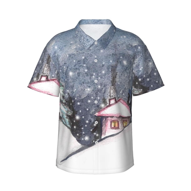 Fotbe Watercolor Winter Landscape For Christmas Camisa Hawaiana para Hombre Unisex – Camisa Casual de Verano con Botones de Manga Corta de Algodón y Lino,Small