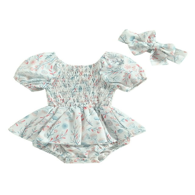 Baby Girls Romper Dress Set Floral Short Sleeve Jumpsuits and Headband
