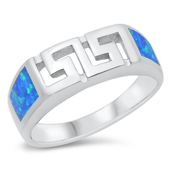 CHOOSE YOUR COLOR Greek Key Mosaic Ring Blue Simulated Opal .925 Sterling Silver Band CZ Female Size 7